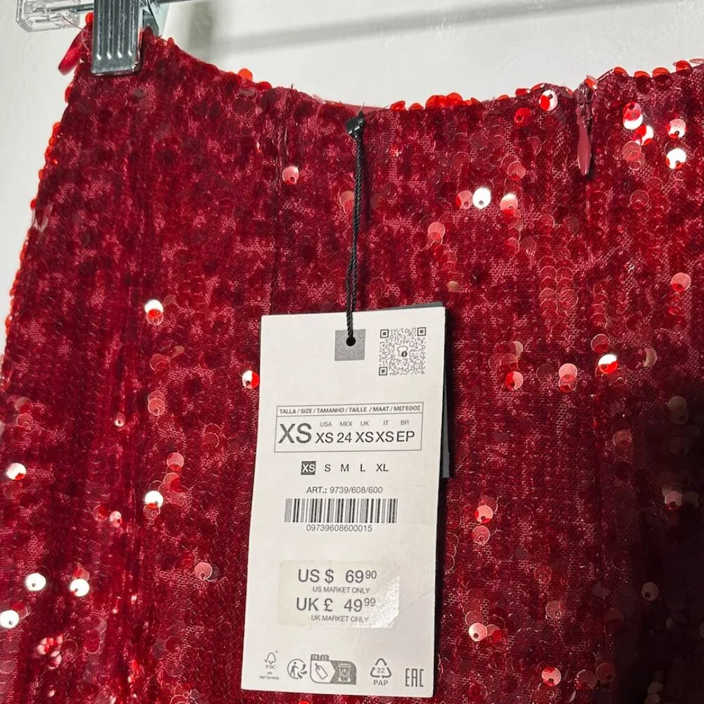 NWT Zara Burgundy Red Sequin Midi Skirt - size XS - Picture 7 of 11